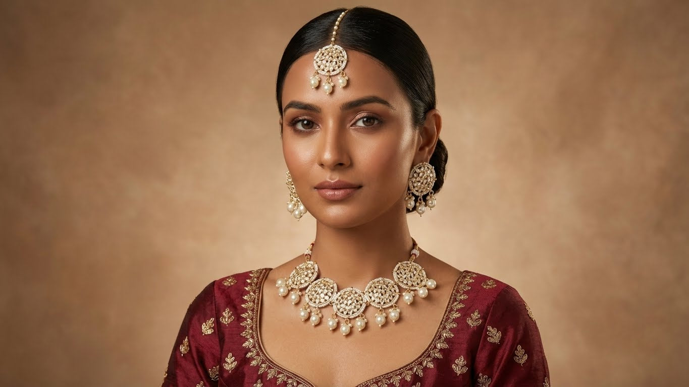 Round Kundan Pearl Choker Jewellery Set