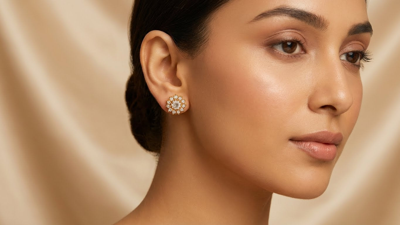 Floral White Gold Diamond Stone Stud Earrings