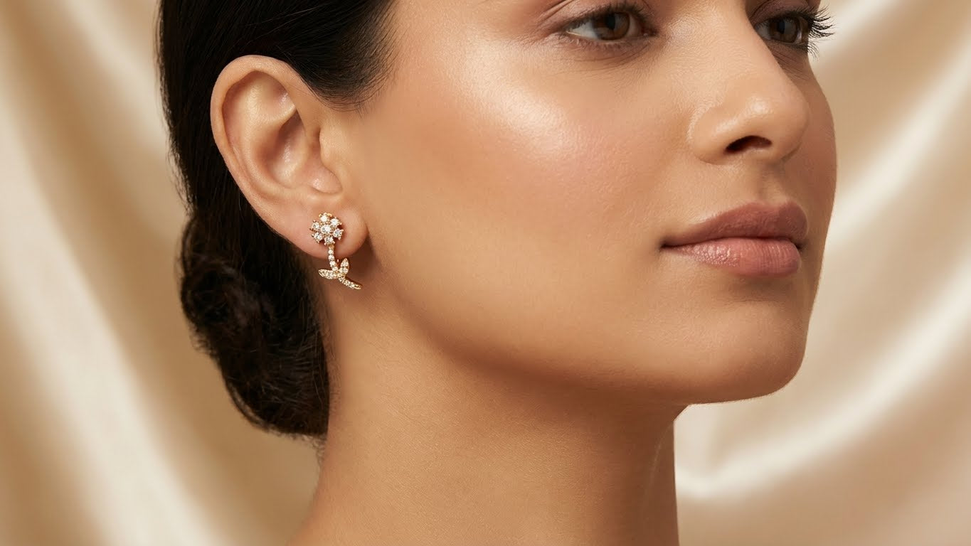 Floral Gold Dangler Stem Stud Earrings