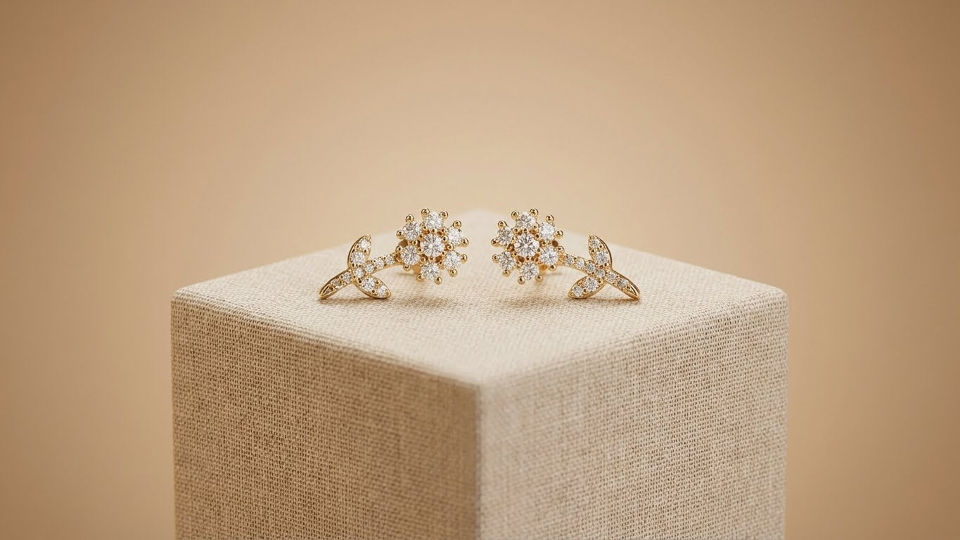 Floral Gold Dangler Stem Stud Earrings