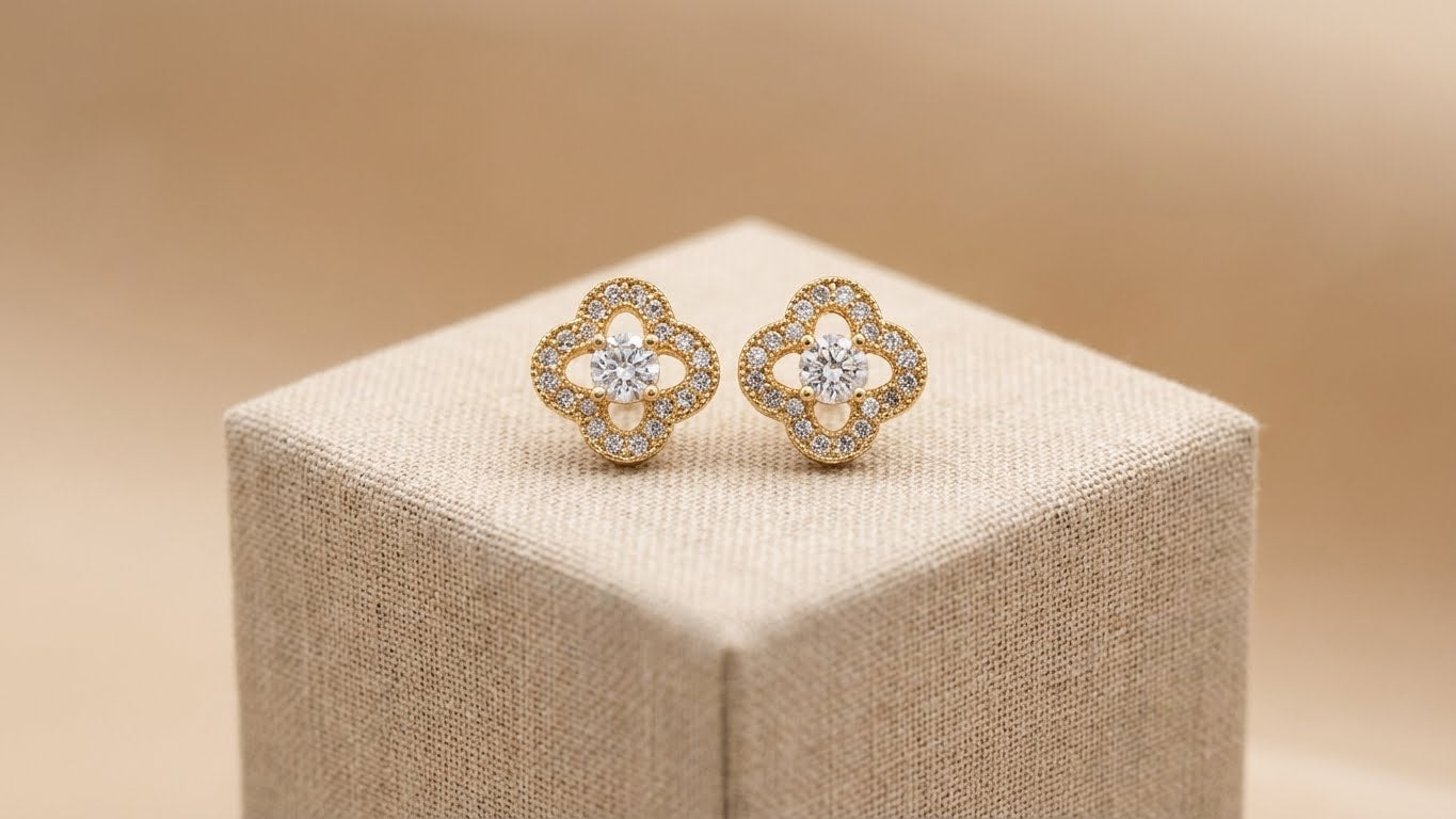 Four Petal Bloom Crystal Gold Stud Earrings