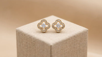 Four Petal Bloom Crystal Gold Stud Earrings