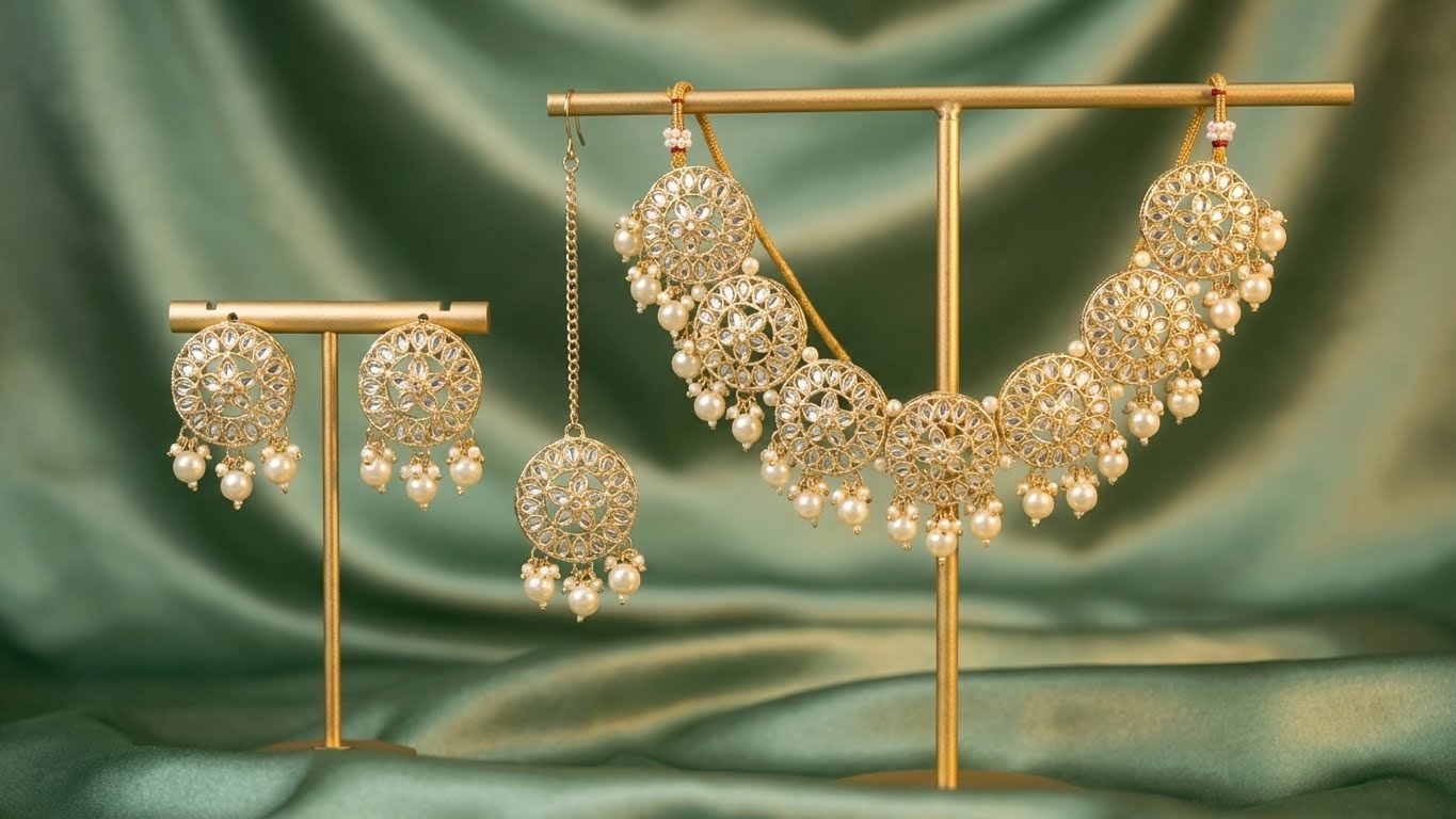 Round Kundan Pearl Bridal Jewellery Set